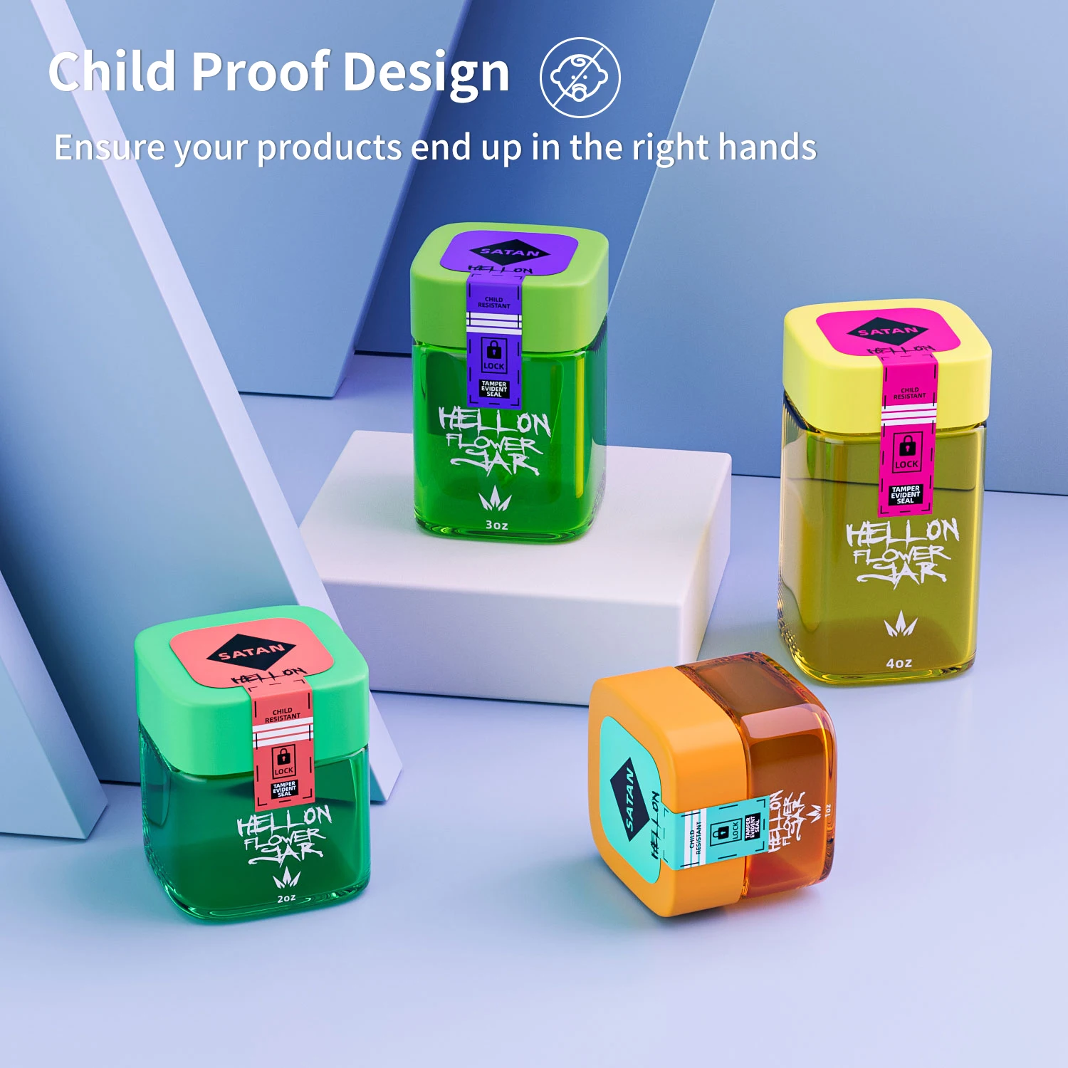 Custom frosted glass eight jar child proof glass jars 1 grams 3.5 grams flower smell proof square glass jar