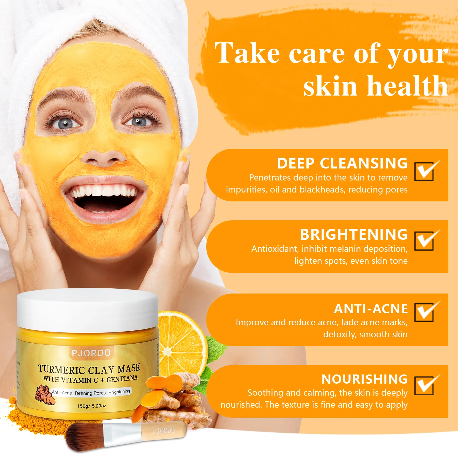 Private Label OEM/ODM Organic Turmeric Vitamin C Facial Mud Mask Face Skin Care Anti-Acne Refining Pores Brightening Clay Mask