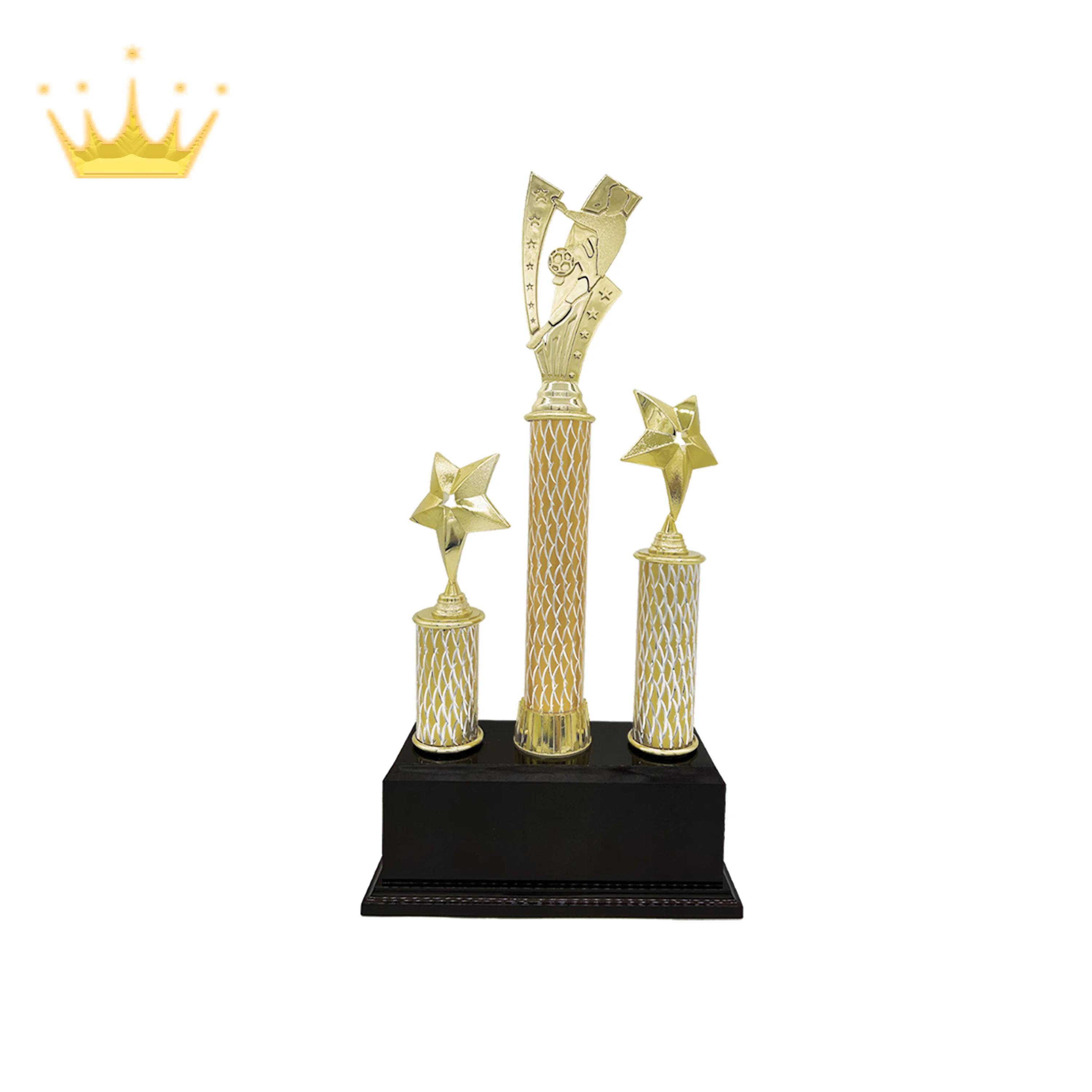 Long Lasting Special Plastic Trophy 3 Pillar Gold Football Themed With Star Design for Football Competition