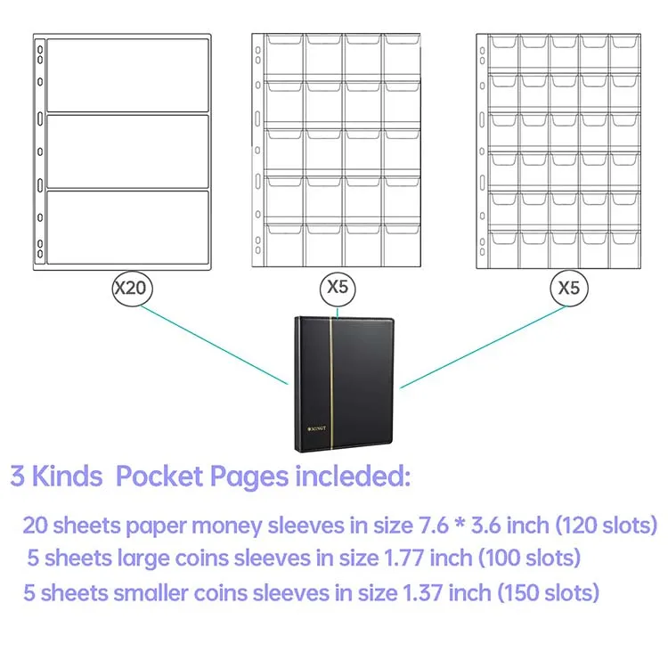 Customized 370 Pockets Coin And Notes Currency Money Stamp Collecting Binder Coin Collector Black Album Coin Collection Book