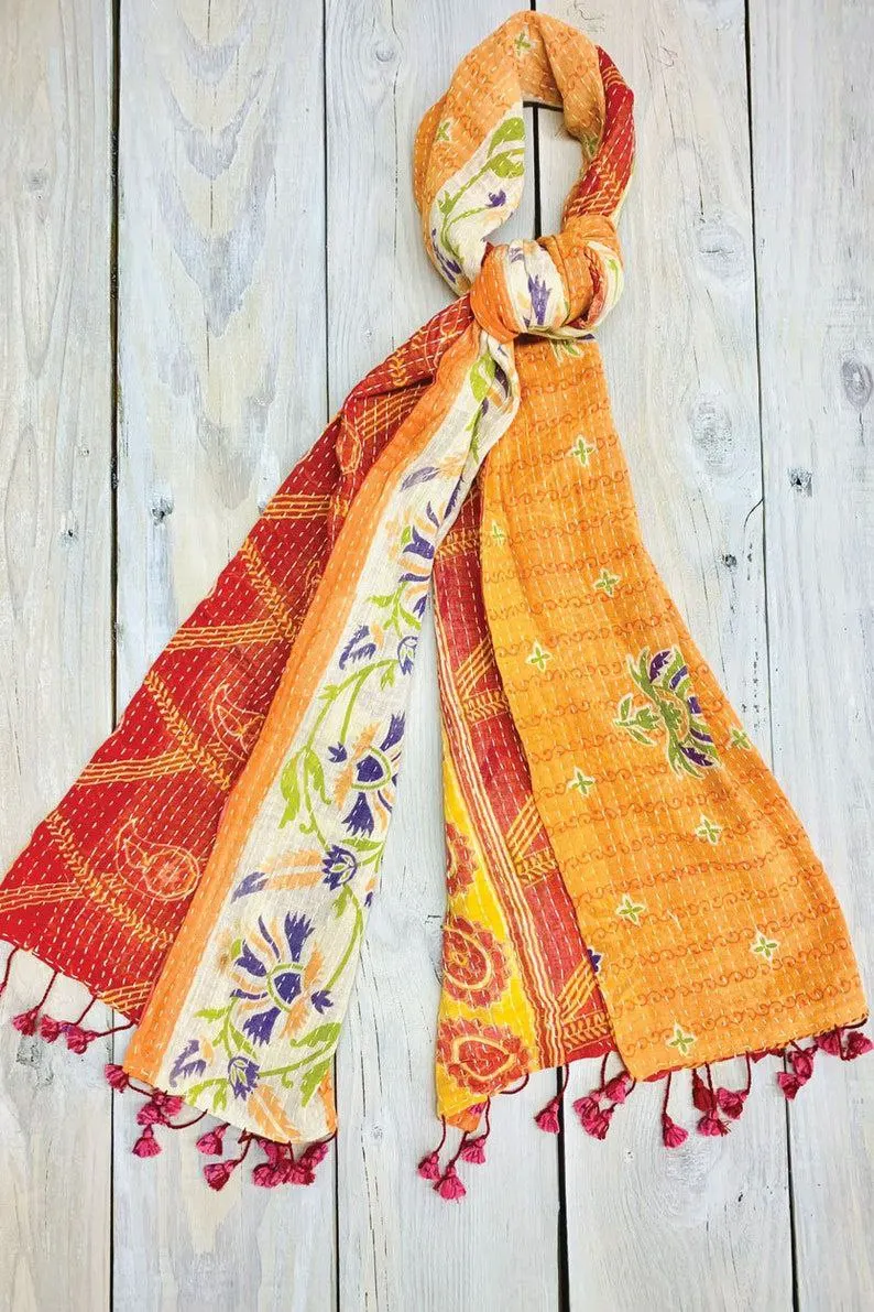 Vintage Kantha Scarf Bohemian Reversible Double Layer Cotton Kantha Scarves Stole Headwraps Shawl