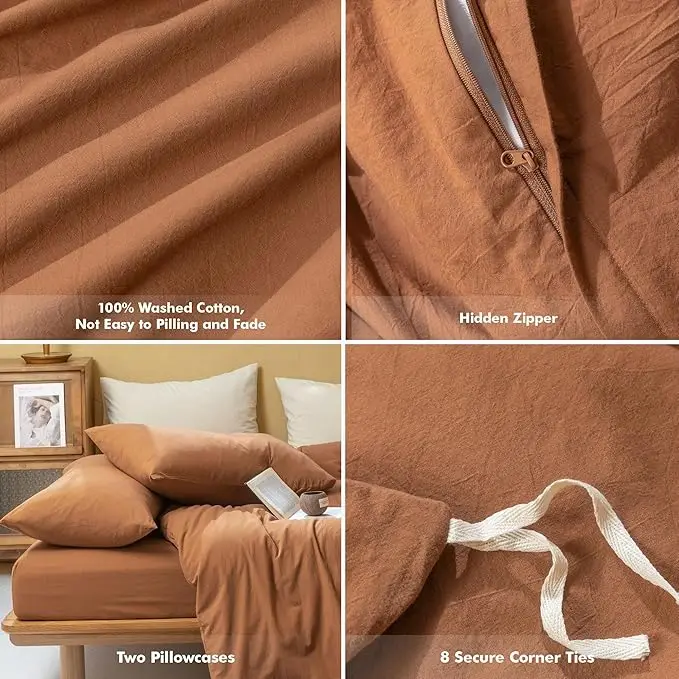 FOSSA Duvet Cover Set 100% Washed Cotton Feel Super Soft Breathable Cozy Simple Style 3 Pieces Bedding Set Solid Dark Orange