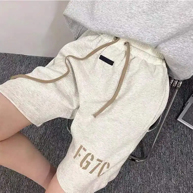 22ss High Street Bieber FOG Double Thread Flocked Letter Sweatpants Couple Hip Hop Loose Drawstring Shorts