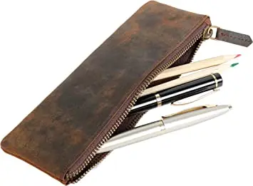 Classic Handmade Leather Pen Pencil Case Large Zip Pouch Stationery Bag PU Accessory Holder for Laptop Office Use Square Pattern