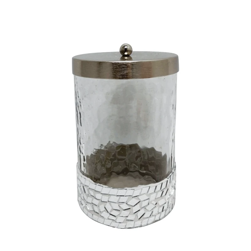 Kitchen & Tabletop Glass & Iron Round Box With LID Matt Nickel Plating With Silver Mosaic Large Size Storage Jars And Canisters