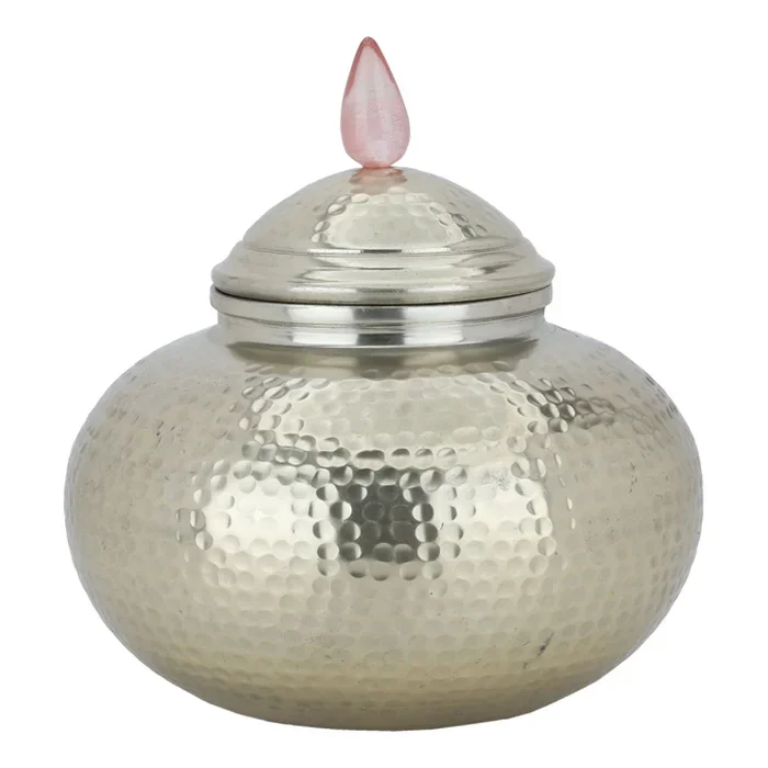 Trending Arabic Calligraphy Style Hammered Canister In Metal With Wooden Stand For Wedding Hotel Table Top Serving Use Canister
