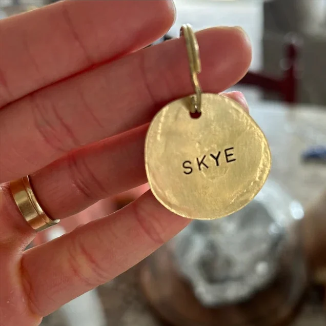 Custom logo engraved solid brass rough and not smooth round blank brass dog tags with struck effect