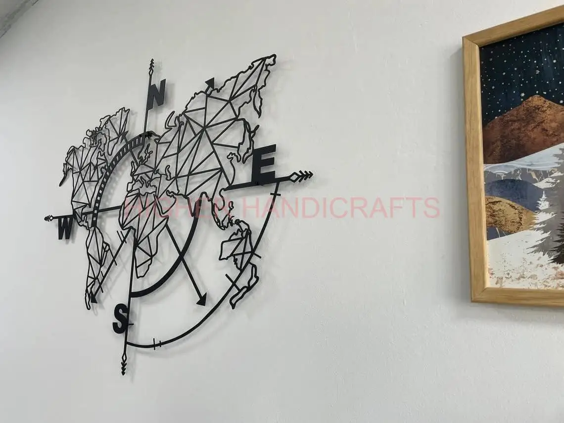 Metal World Map Wall Art Geometric Compass Design Wrought Iron Wall Decor Rustic Metal Mounted Wall Arts for Home Decorations