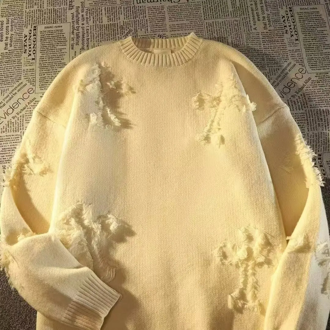 Factory Price wash and dye to make old fringe holes round collar knit sweater