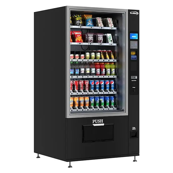 Snack Vending Machine, Bill Acceptor and Credit Card Reader in Black, 60 Slots/Refrigerated