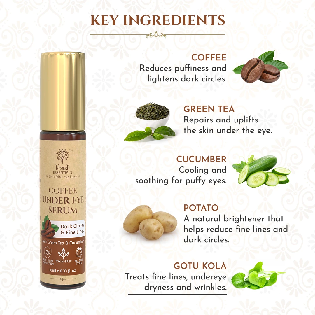 Buy Khadi Essentials Coffee Under Eye Serum with Green Tea & Cucumber Dark Circles & Fine Lines Remover By Exporters