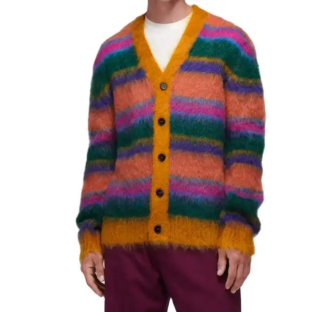 2023 Custom OEM & ODM mohair men sweater knitwear winter Striped mohair Fuzzy designer custom Cardigan knit sweater men
