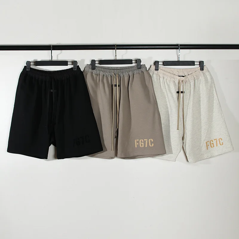 22ss High Street Bieber FOG Double Thread Flocked Letter Sweatpants Couple Hip Hop Loose Drawstring Shorts
