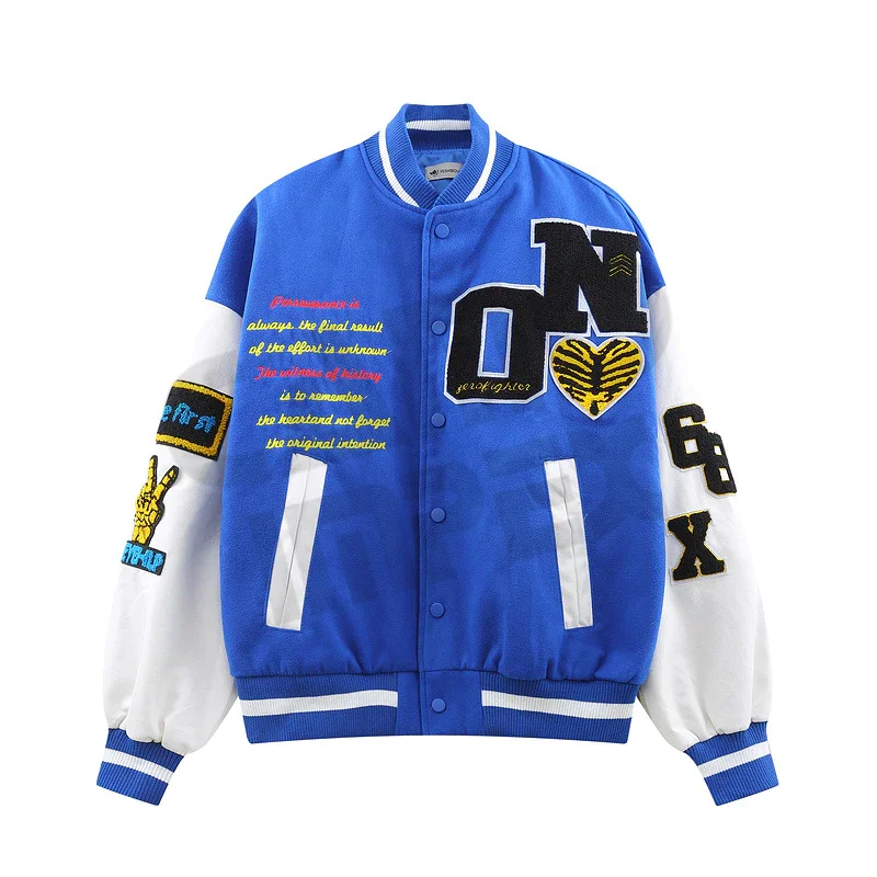 Custom New American Style High Quality Blue Color Embroidered Text Patch Oversize Unisex 100% Cruelty Free Varsity Jacket