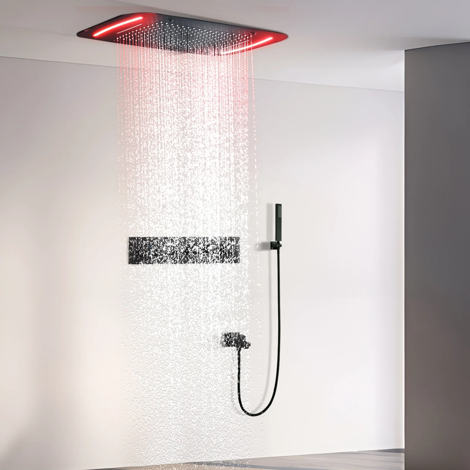 Matte Black 710*430 MM Ceiling Concealed Mounted Waterfall Rainfall Mist Water Column LED Shower Set Thermostatic Shower Faucets