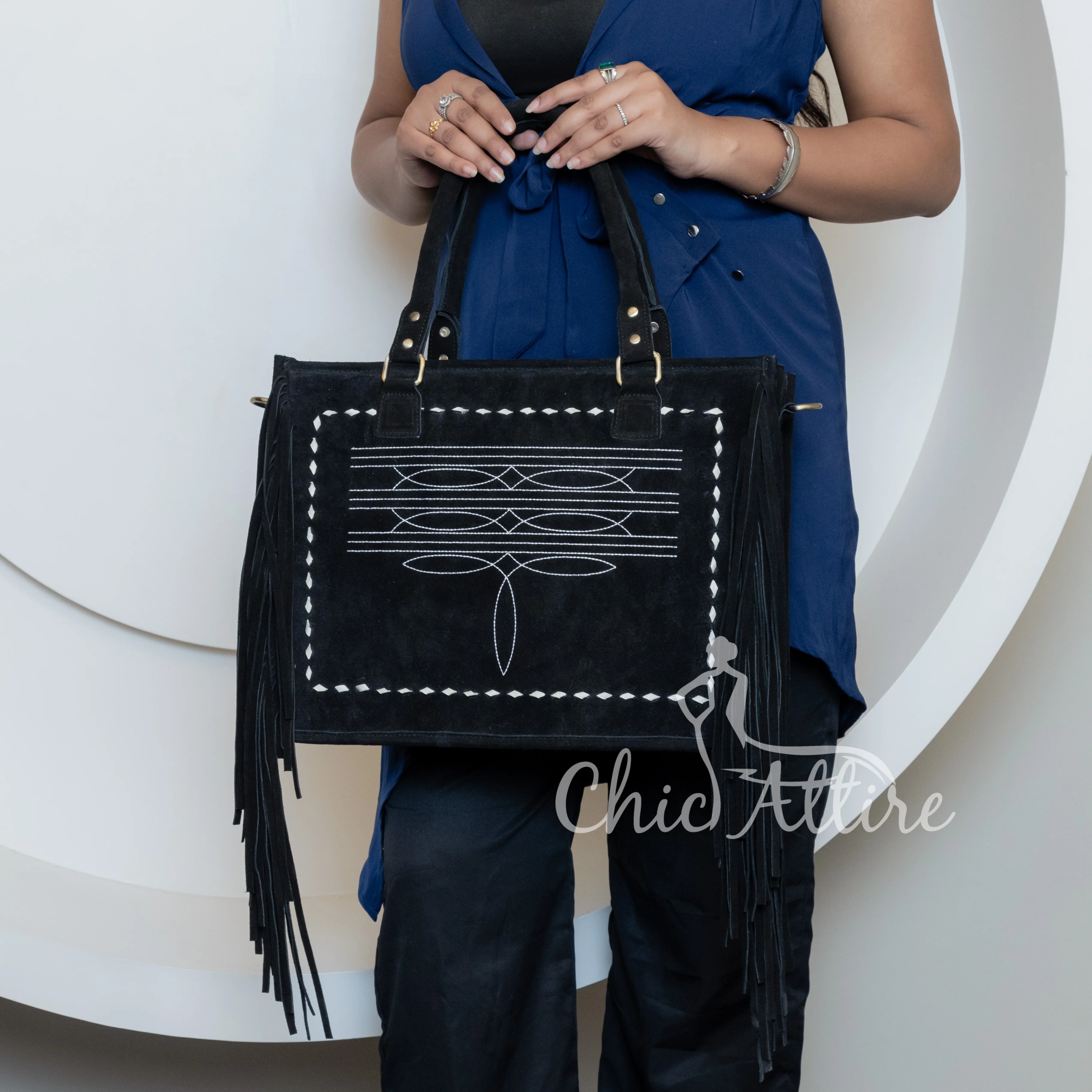 Suede Leather Western Tote Bag Fringe Crossbody Handbag Boot Stitch Genuine Leather Purse Cowhide Leather Concealed Carry Purses