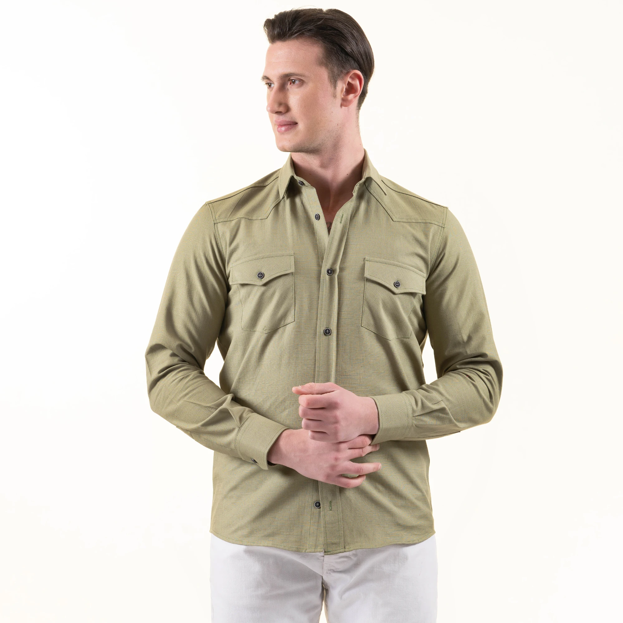 Men Casual Long Sleeve Camouflage Shirts Outdoor Lapel Button Khaki Green Cotton Male Shirt with Pocket made in istanbul