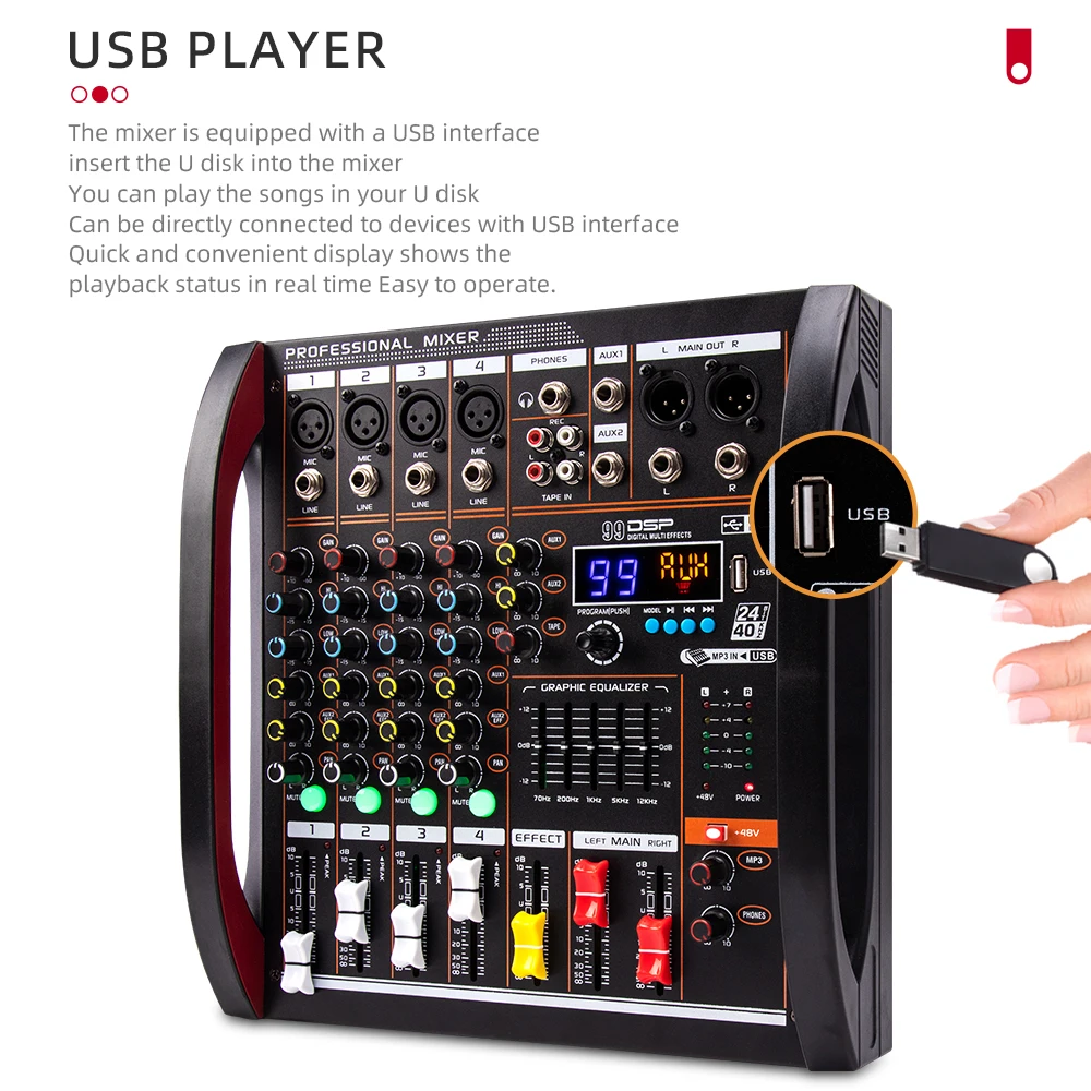 Audio mixer 4 channel mixer DSP reverberation effect professional Blue tooth USB audio mixer balance family karaoke stage