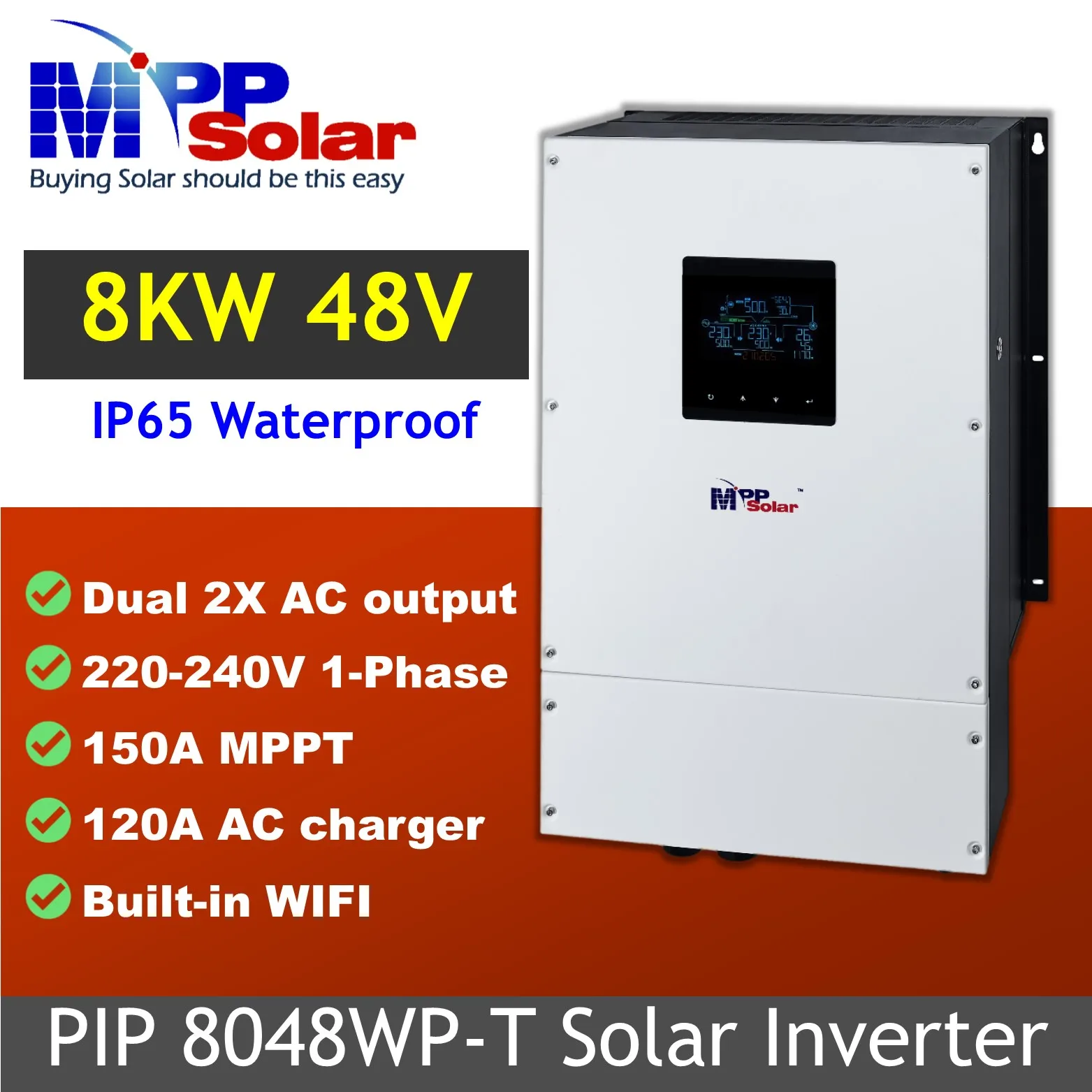PIP8048WP-T 8000w 230v 48v mppsolar off grid inverter Daul 150A MPPT solar charger pure sine wave IP65 Twin AC output WiFi BMS