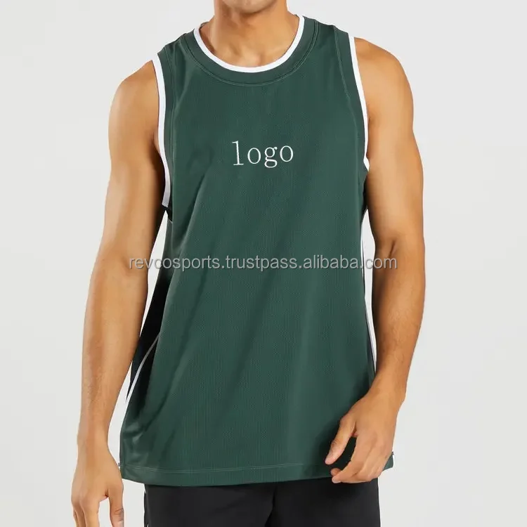 Wholesale Custom logo Gym Sports fitness Basketball Lightweight Breathable Mesh Fabric Plain green color Tank Tops For Men