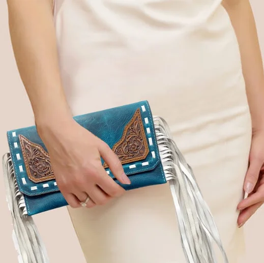 Flower Carving Leather Cover Flap Genuine Leather Wallets For Women Lady Leather Long Wallet With Antic brass hardware