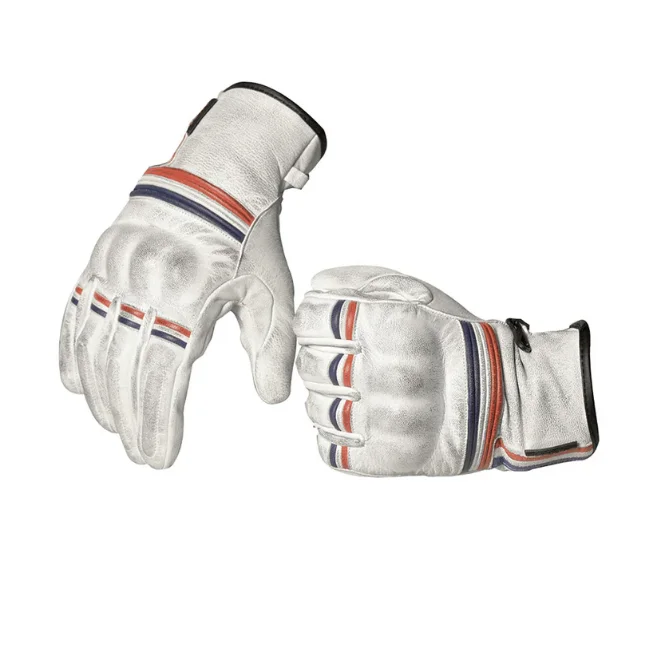 Premium Genuine Leather Motorcycle Gloves Multi Color Panels White Waxed Distressed Real Leather Motorbike Riding Gloves