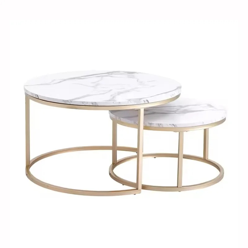 Nordic Modern Luxury Living Room Center Marble Top Gold Leg Wood Nesting Round Coffee  Side Tables Set For Home Office