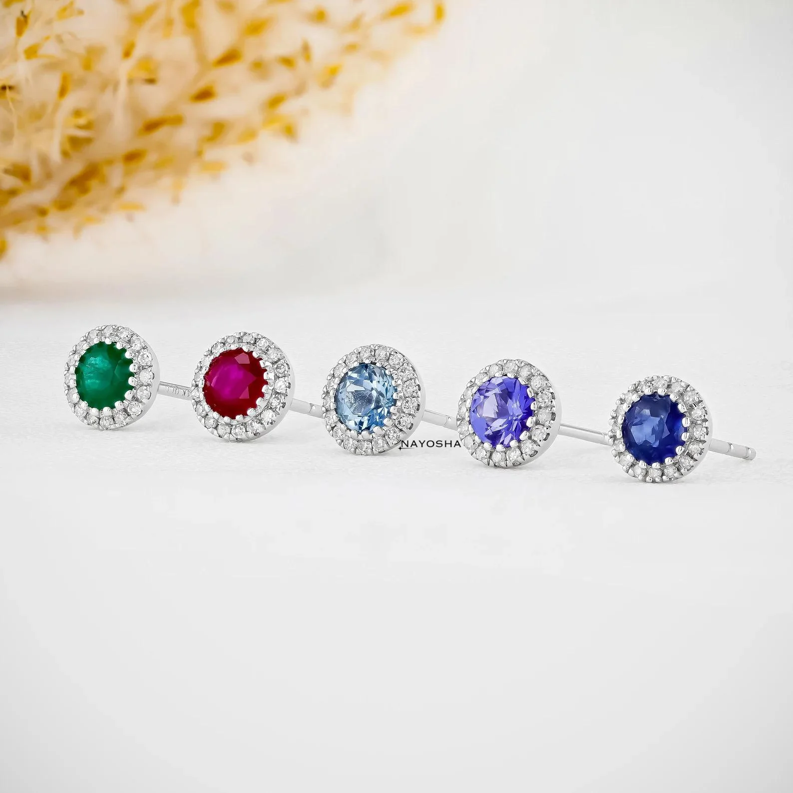 Small Diamond Earrings, Bordered Round Tanzanite Sapphire Emerald Ruby Aquamarine Studs, 10k Solid Gold