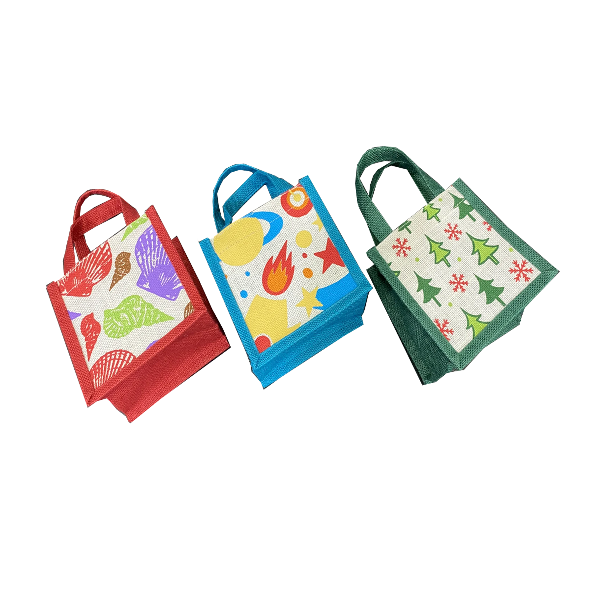 Small jute hand fashionable bag with self handle nice all over printing eco friendly jute tote bag novation bags