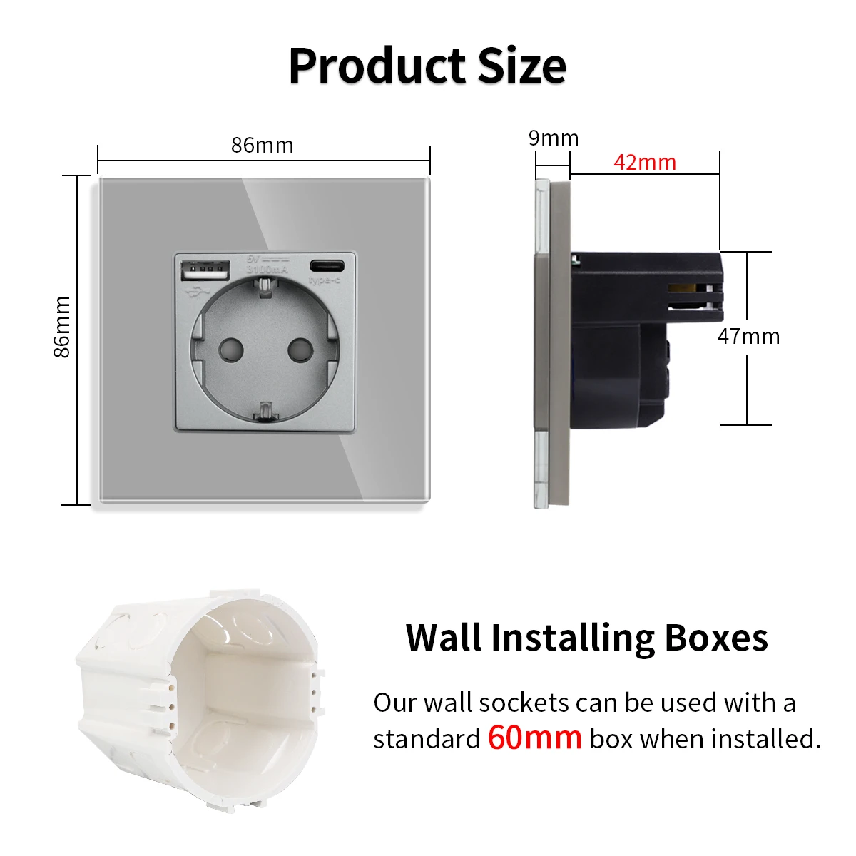 KLASS USB TYPE-C indoor glass wall plug and socket insert uk and africa standard wall switch and socket