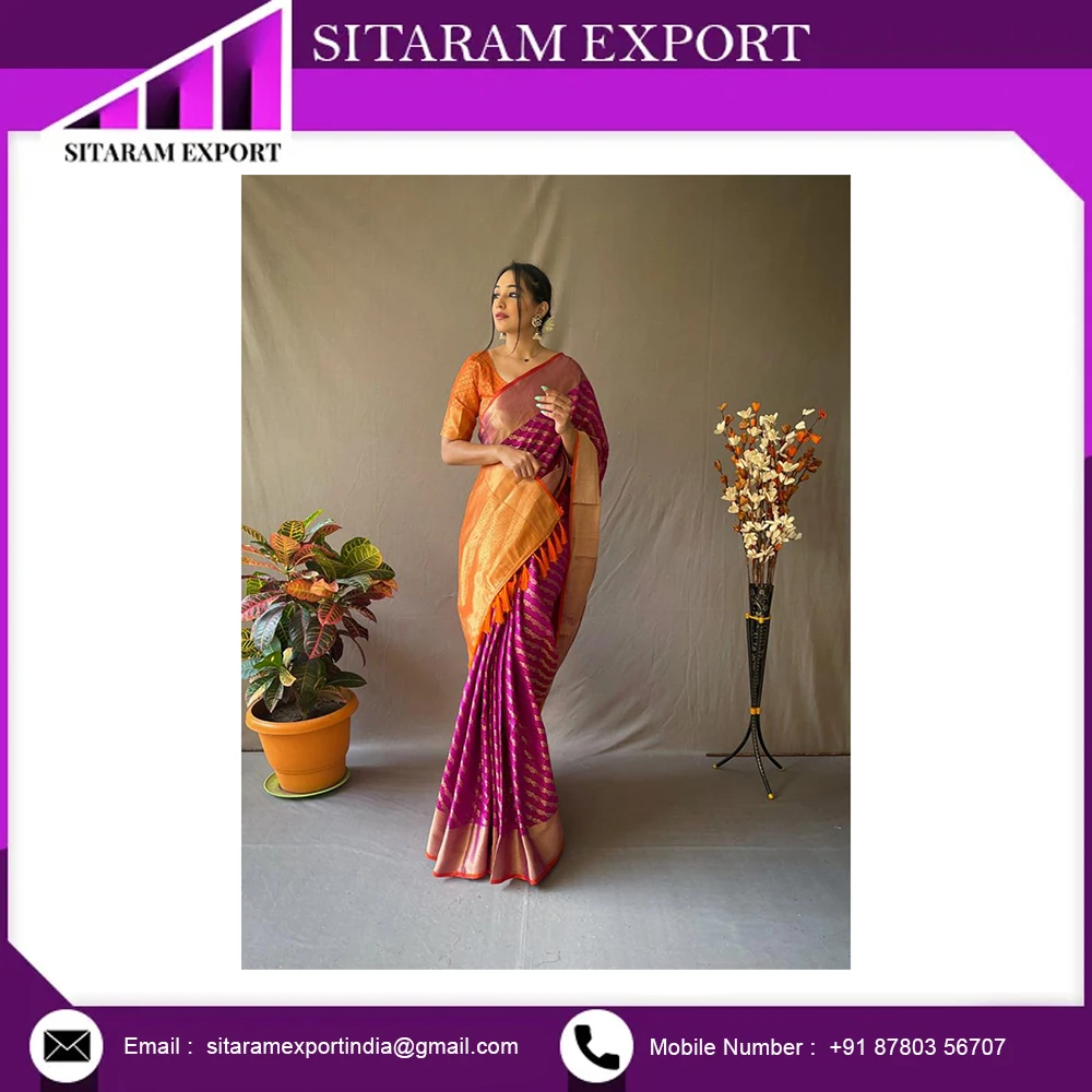 Beautiful Banarasi Patola Sarees with Leheriya Gold Zari Weaves and Meenakari Weaving Pallu with Contrast Pallu having Tassels