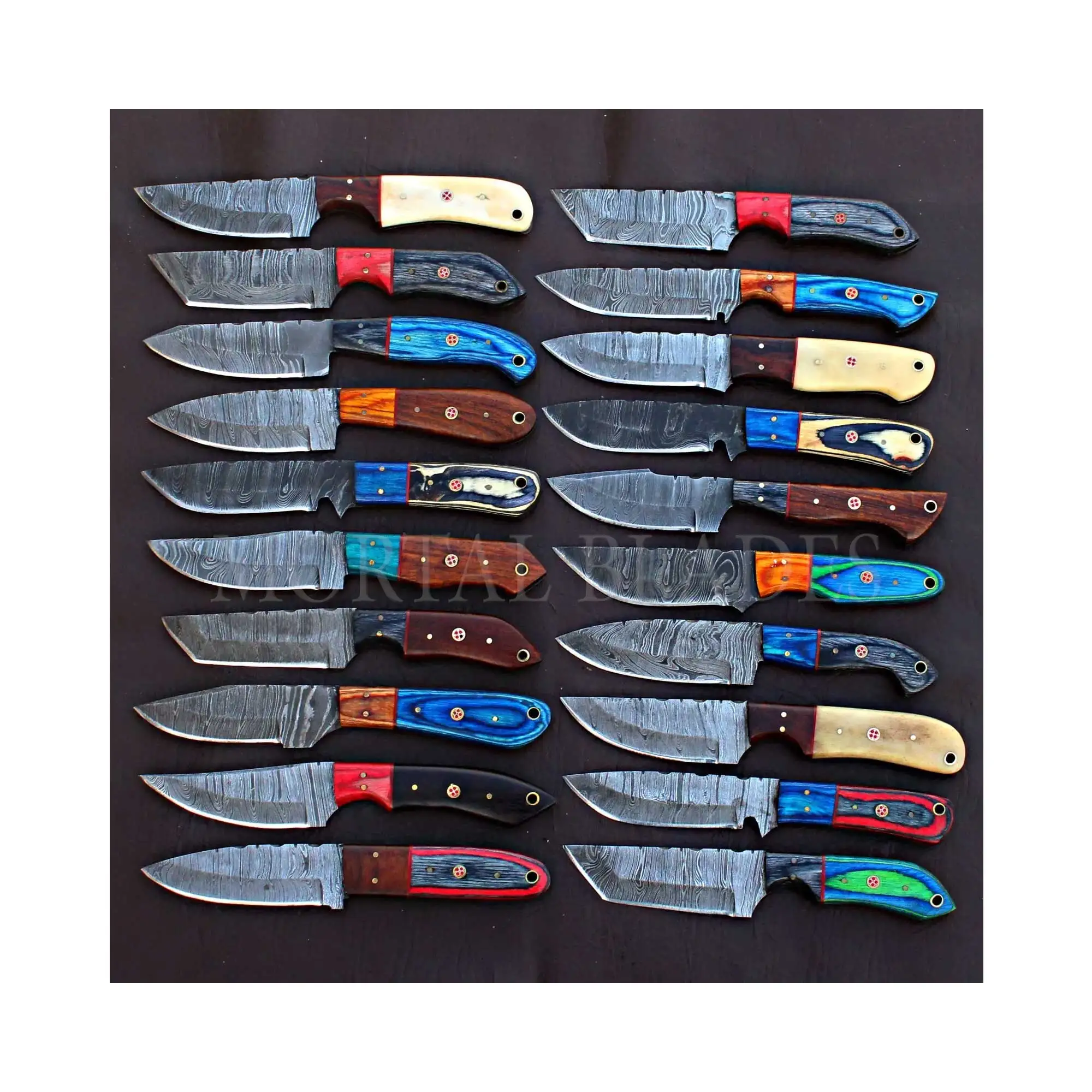 Assortment of Outdoor Camping Hunting Hiking Fishing Knives Damascus Steel Wood and Bone Handle Survival Fixed Blade Knife
