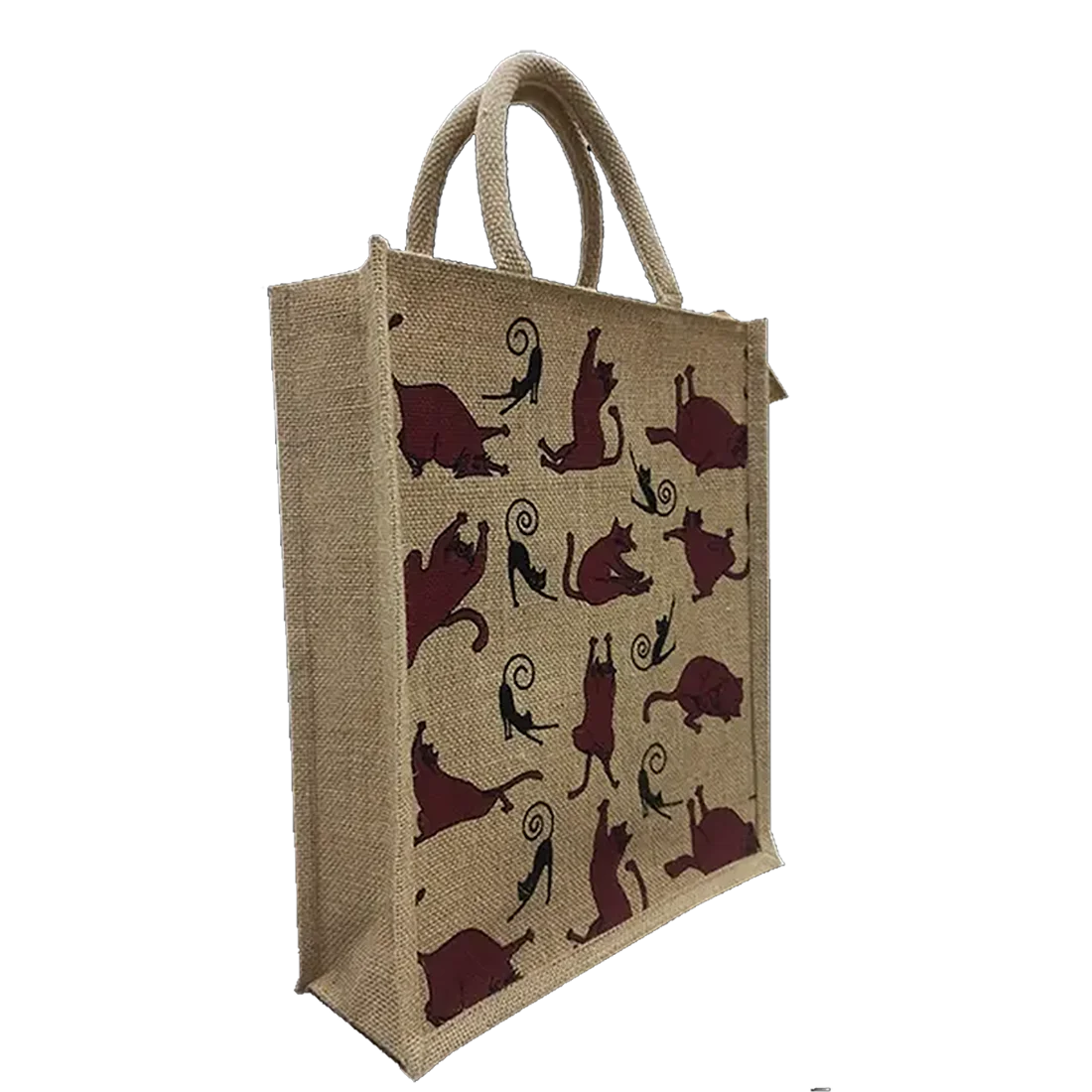 Jute hand bags with cat yoga motif silkscreen printing novation gift bags custom tote bag made in India  West Bengal