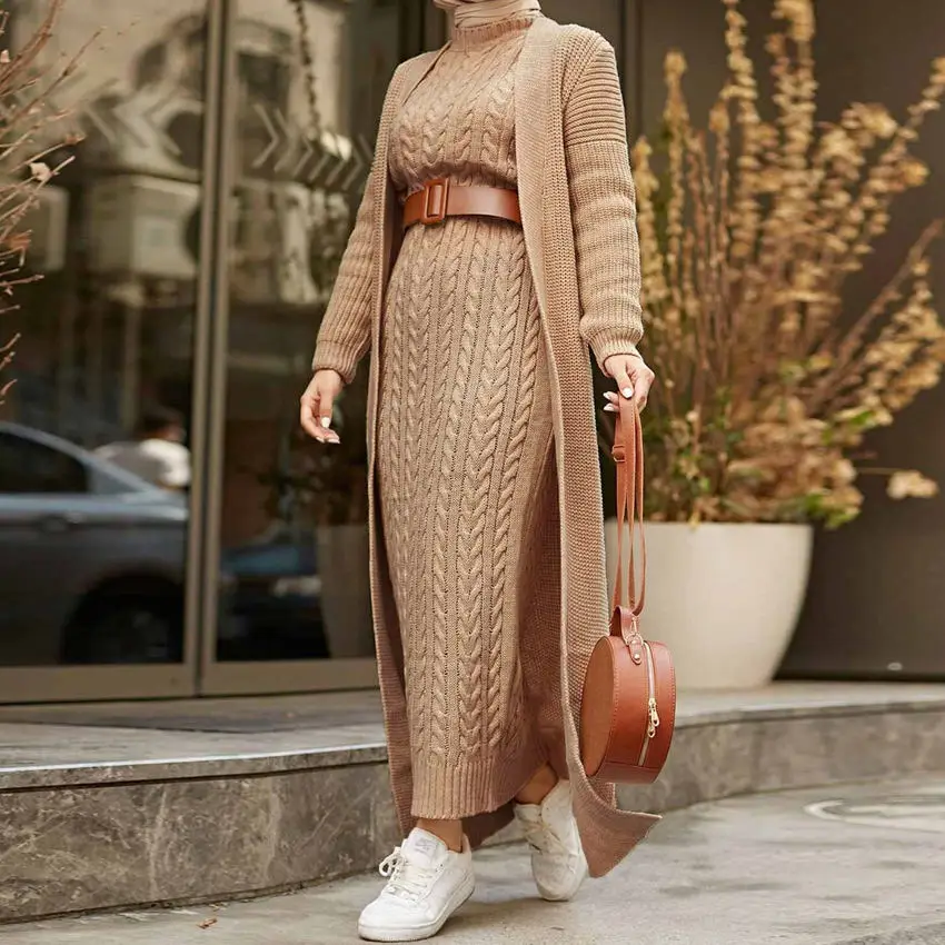 OEM Jersey Cotton Islamic Clothing Modest Kaftan Robe Femme Arab Jilbab Ethnic Clothing Sweater Winter Abaya Women Muslim Dress