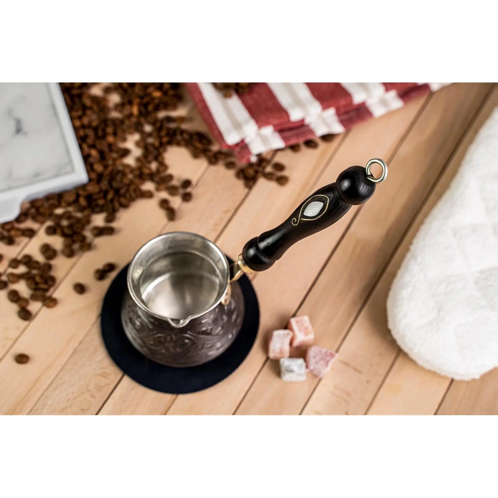 Solid Dark Copper Wooden Handle Handmade Turkish Coffee Pot