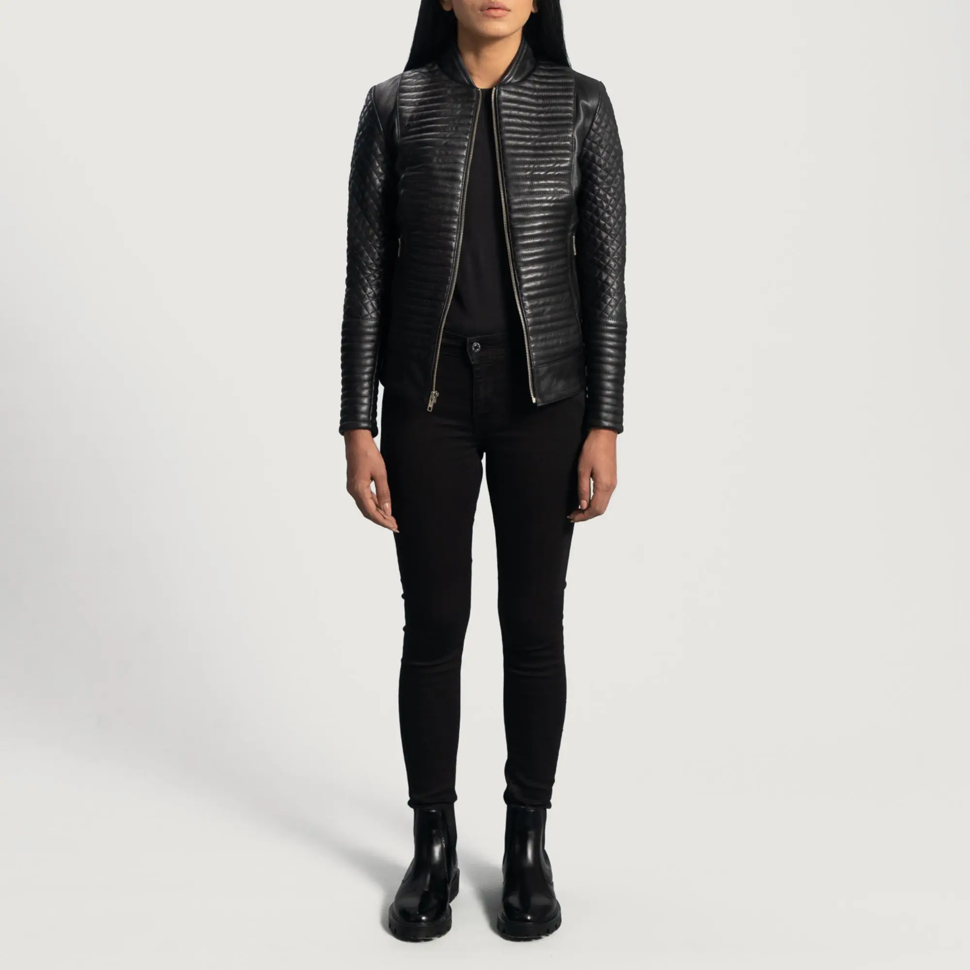 Real Leather Sheepskin Aniline Zipper Cityscape Black Women Biker Jacket with Quilted Viscose Lining and Inside Outside Pockets