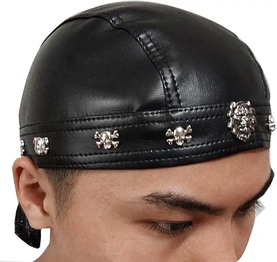 Faux Leather Biker Skull Cap Motorcycle Bandana Head Wrap Du Doo Do Rag Black Hat