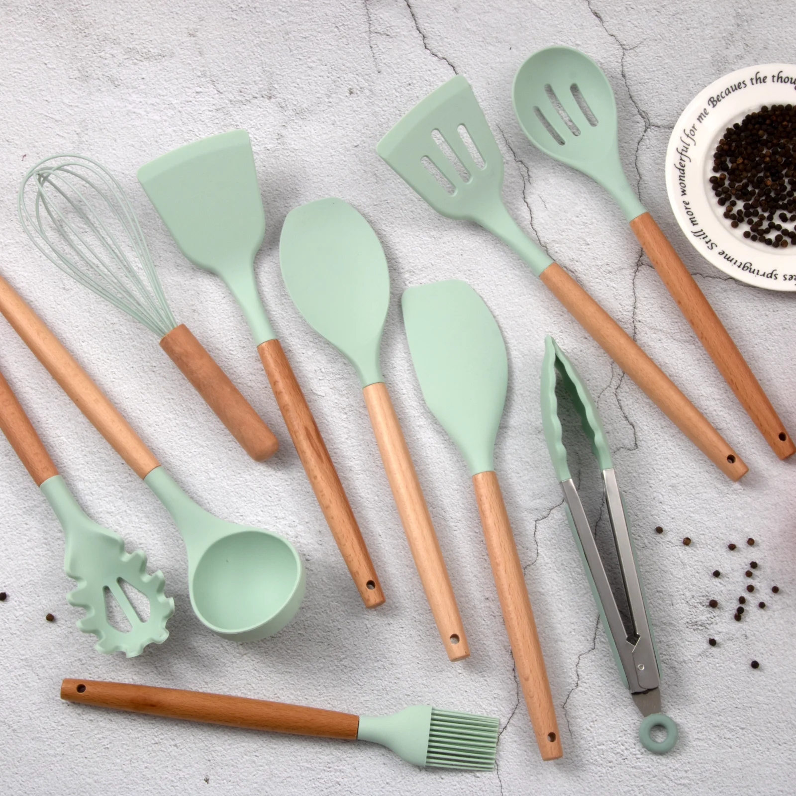 Factory Wholesale 12 Pieces Silicone Kitchen Accessories Cooking Tools Kitchen Spatula Utensils Sets with Wooden Handle