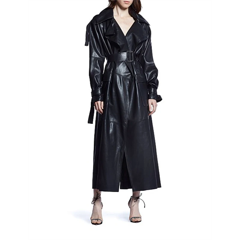 Fashion Elegant European Style Long PU Leather Trench Long Coat Women Double Breasted Spring & Autumn Season Lady Outerwear
