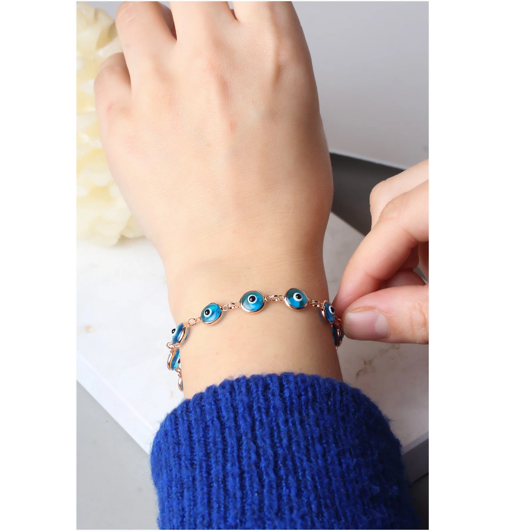 Браслет с голубым сглазом и большими глазами, 925 браслет с цепочкой из стерлингового серебра, очаровательный браслет для подарка матери
