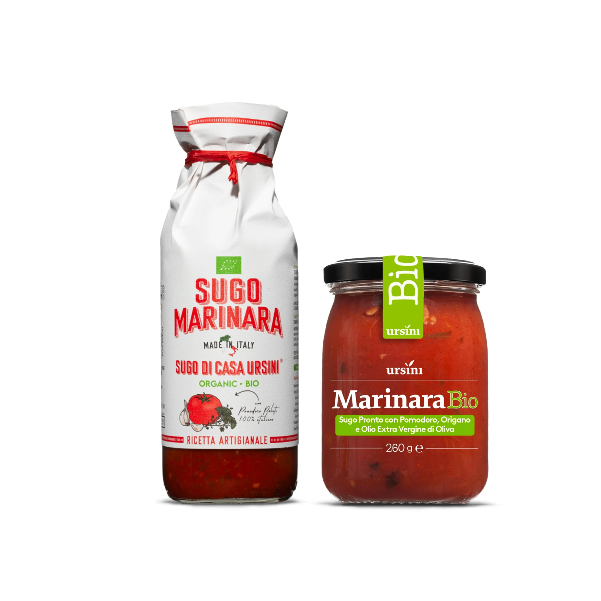 Ursini Couple Italian Bio Organic Sauces with tomato and oregano 260 g and 500 ml for retail
