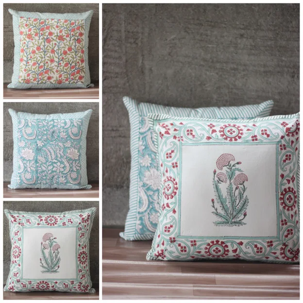 Hand Block Printed Indian Floral Handmade Decorative Cushion Cover 40x40 Pillowcase