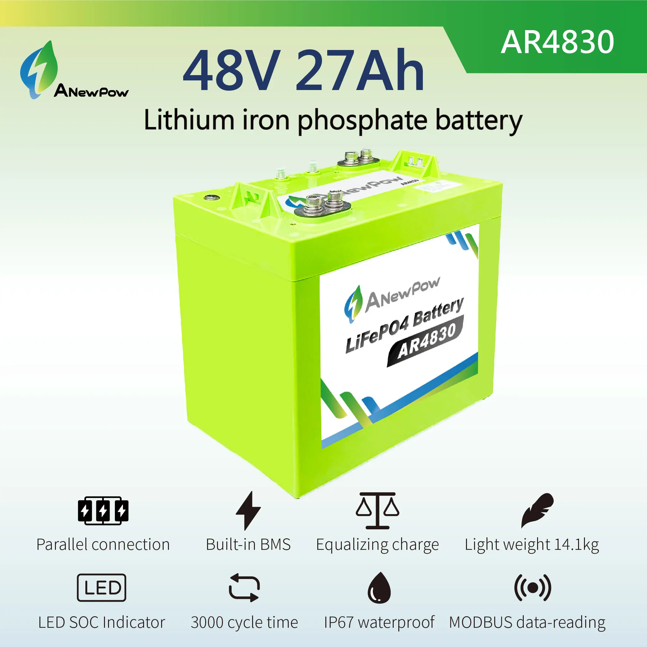 1382Wh 48V ANewPow AR4830 lithium iron phosphate battery solar