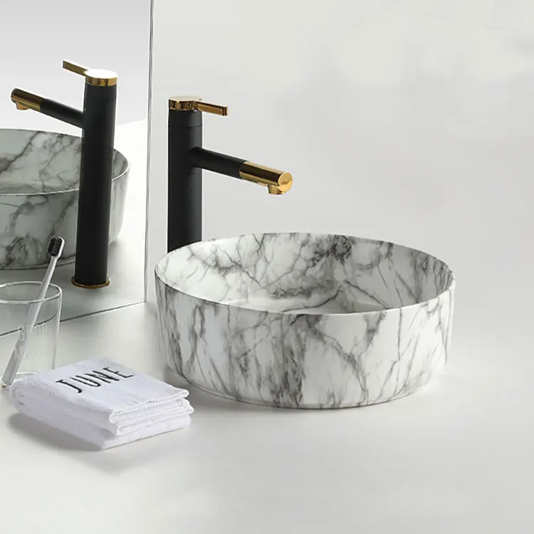 Lavabo New Design Hotel Round Washbasin Countertop White Marble Bathroom Sink Hand Wash Art Basin