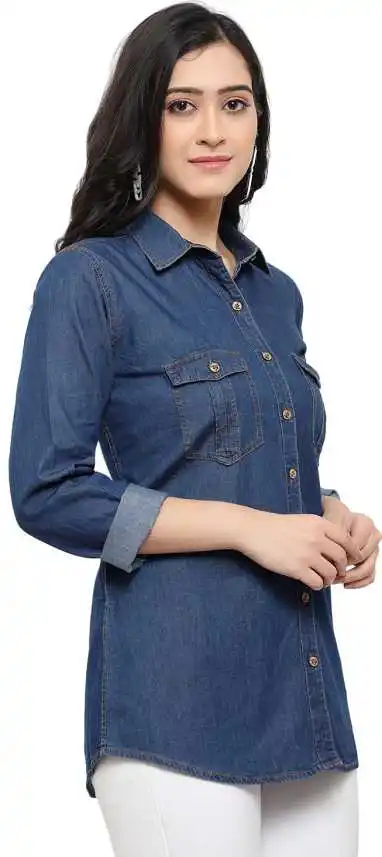 Women Shirts Denim Shirt With Double Bust Pockets Ladies Top Cotton Closure Button Shirt For Women Sws-ws-556