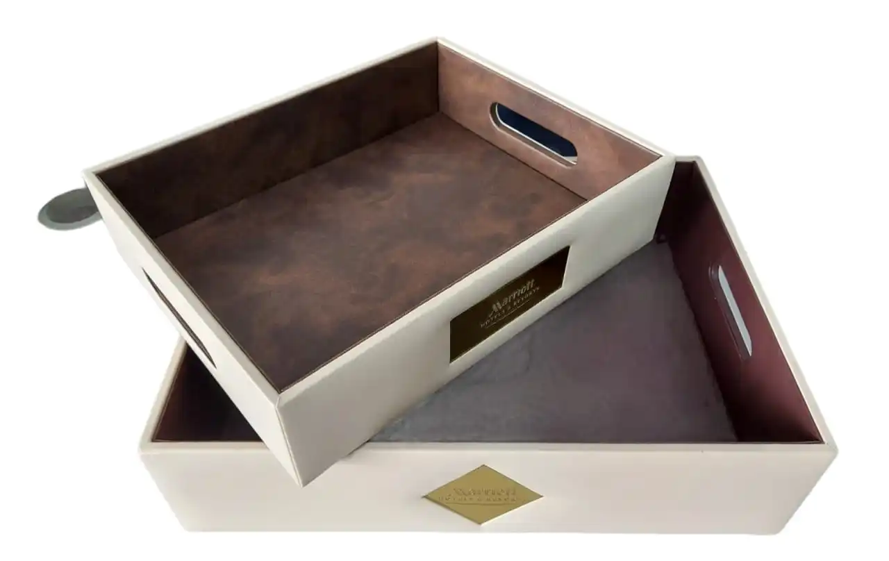Leather and Bamboo Cut Handle Serving Tray Hospitality Products for Tissue Box Menu Folders Bill Folder Leather Bins