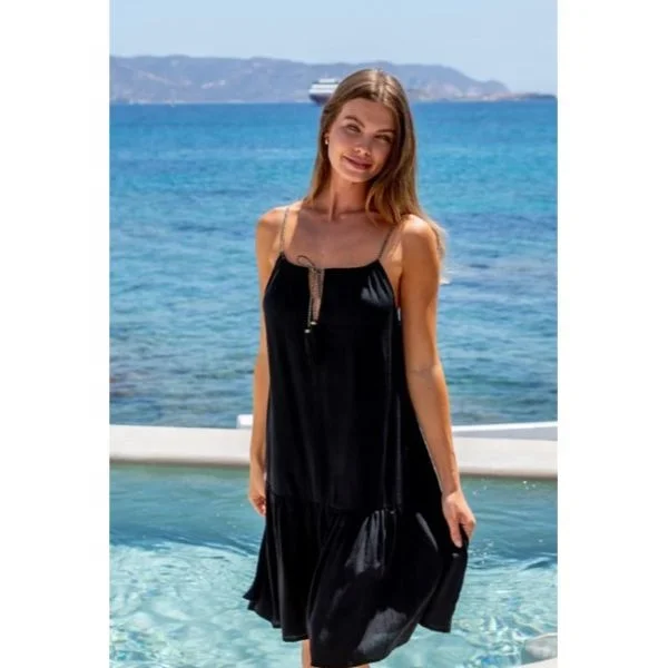 Super Flattering Pretty White Girls Summer Holiday Mini Dress Women Gold Cord Neckline Resort Wear Dress Hot Tiered Skirt Dress