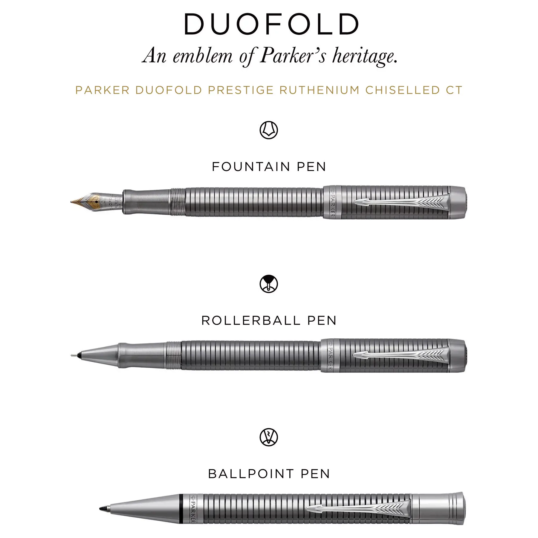 Executive Parker pen Duofold Prestige Ruthenium Chiseled Muted Black CT Collection Fountain Rollerball & Parker Ballpoint Pens