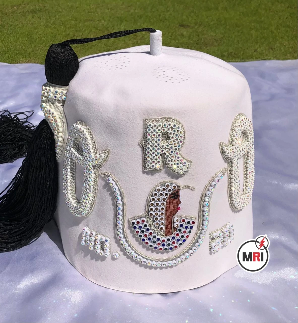 DOI QRQ Fez Silver Bullion Three Rows White Fezzes Hand Embroidered Custom Court and Number 3 Three Rows White Fez