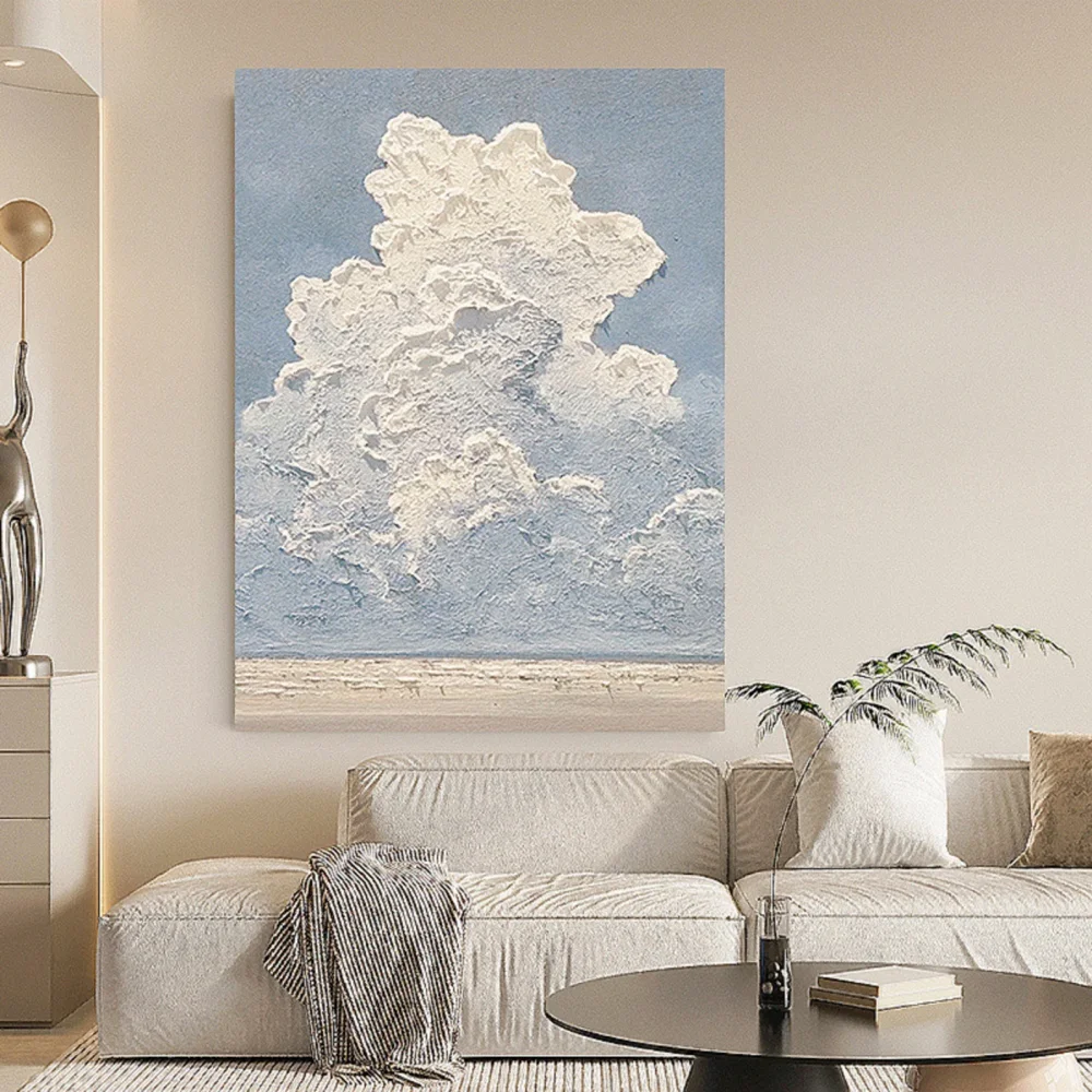 100% Real Hand Painted Abstract White Cloud Oil Painting,Large Modern Minimalist Sky Painting Wall Art for Living Room Bedroom